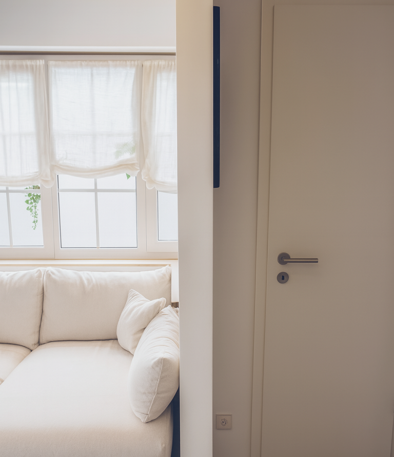 Wohnzimmer und Garderobe – funktionale Verbindung zweier Bereiche Wohnzimmer mit Sofa und Fensterfront neben geschlossenem Garderobenraum