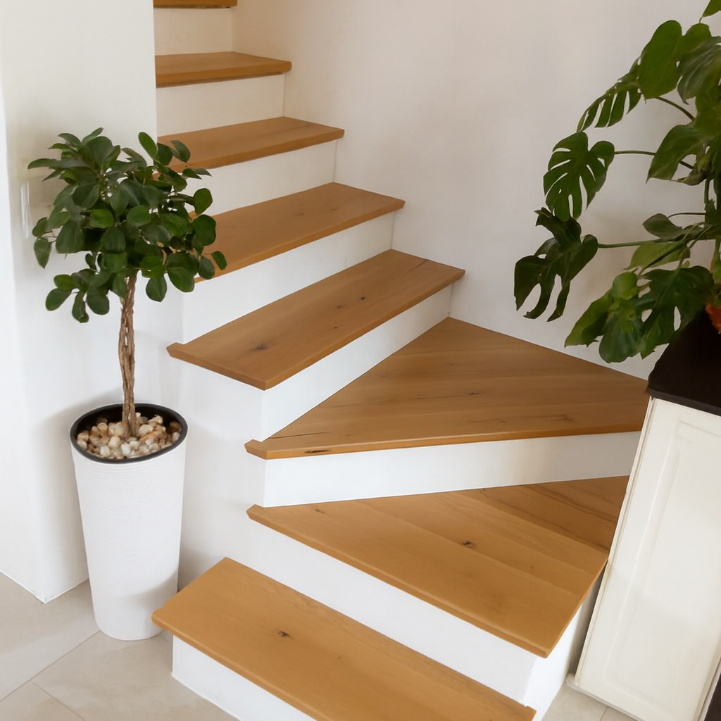 Treppe neu gedacht - eine Drehung bringt ein neues Raumgefühl Helle Holztreppe mit weißen Setzstufen und Pflanzenarrangement